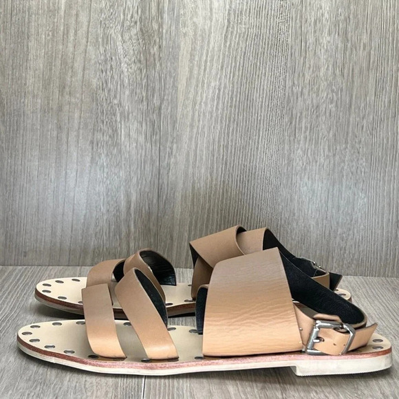 SOL SANA Sandals Womens Sz 40 Gladiator Ankle Strap Slip On Flats Leather Beige - Picture 3 of 9